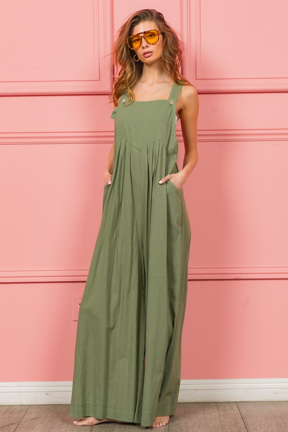 BiBi Ruched Wide Leg Overalls with Pockets - Brand BiBi