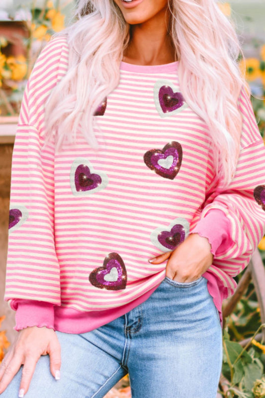 Valentine’s Day Pink Sequin Heart Striped Round Neck Long Sleeve Sweatshirt