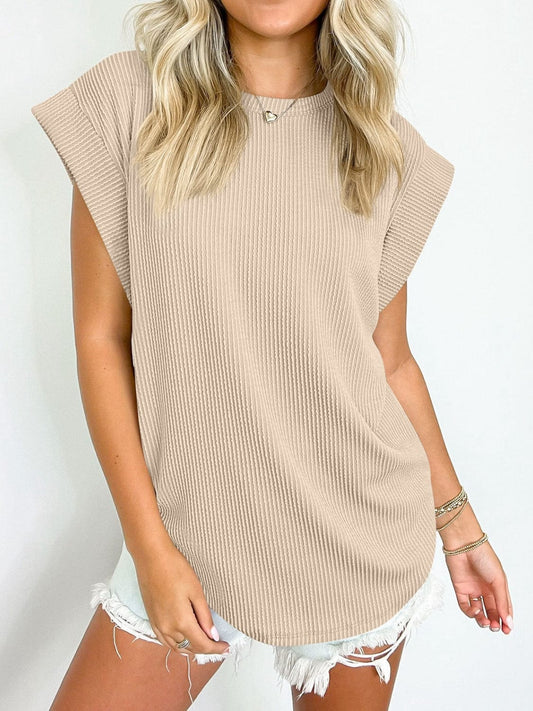 Full Size Textured Round Neck Cap Sleeve Blouse