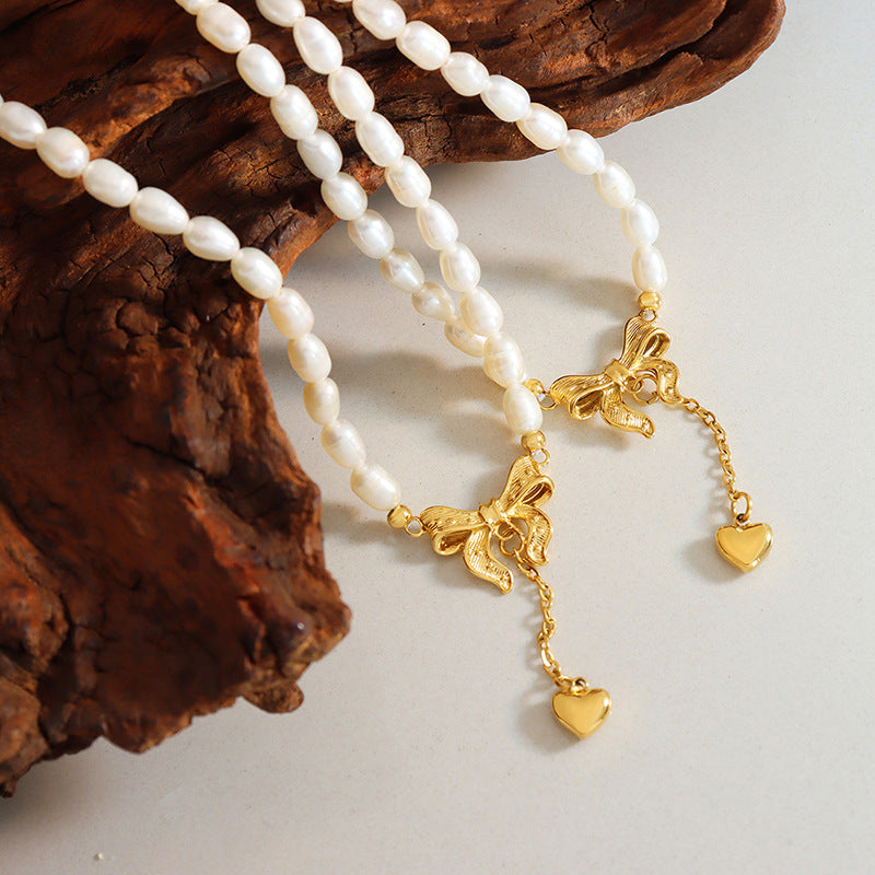 Titanium Steel Freshwater Pearl Heart Gold Necklace