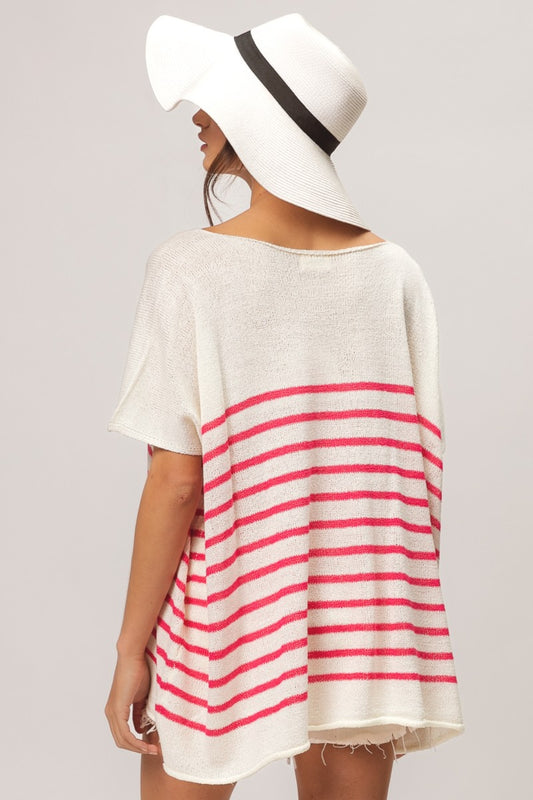 BiBi V Neck Striped Short Sleeve Top - Brand BiBi