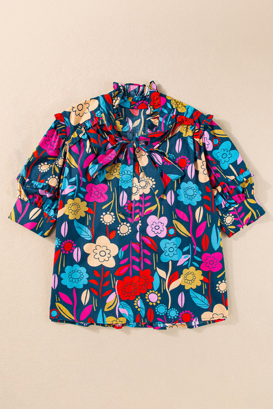 Full Size Printed Tie Neck Half Sleeve Blouse