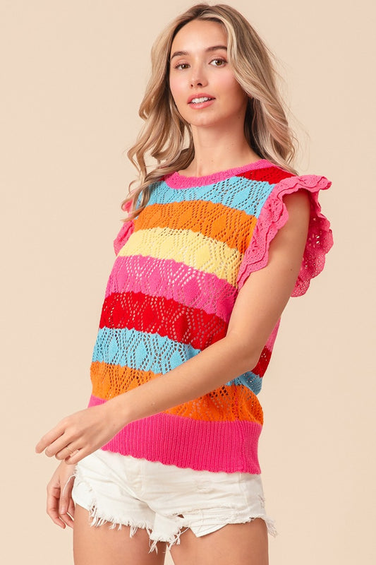BiBi Pointelle Striped Ruffled Knit Top - Brand BiBi