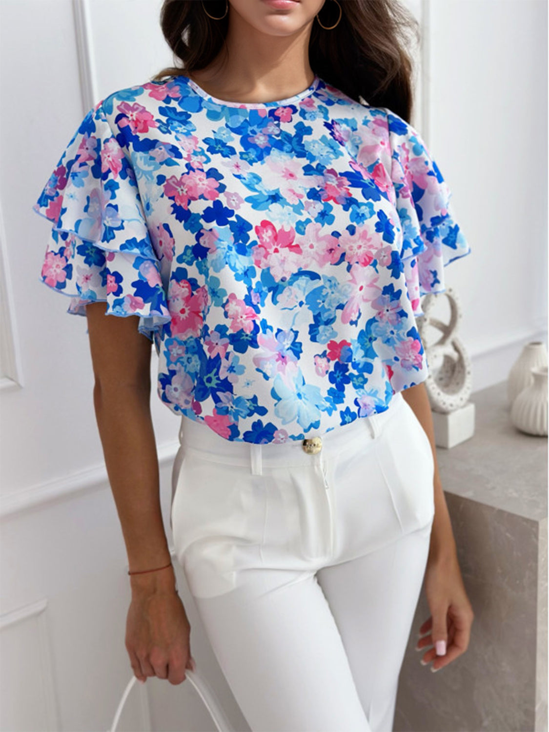 Full Size Floral Round Neck Flutter Sleeve Blouse