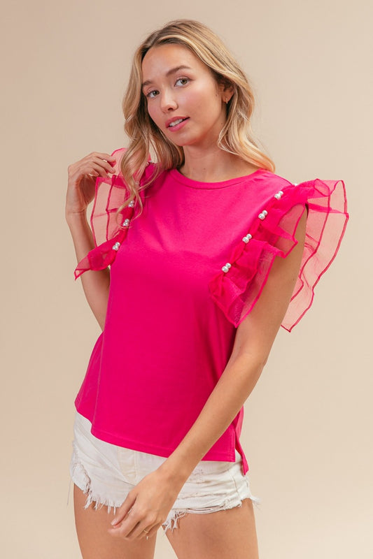 BiBi Pearl Decor Mesh Ruffle Sleeve Top - Brand BiBi