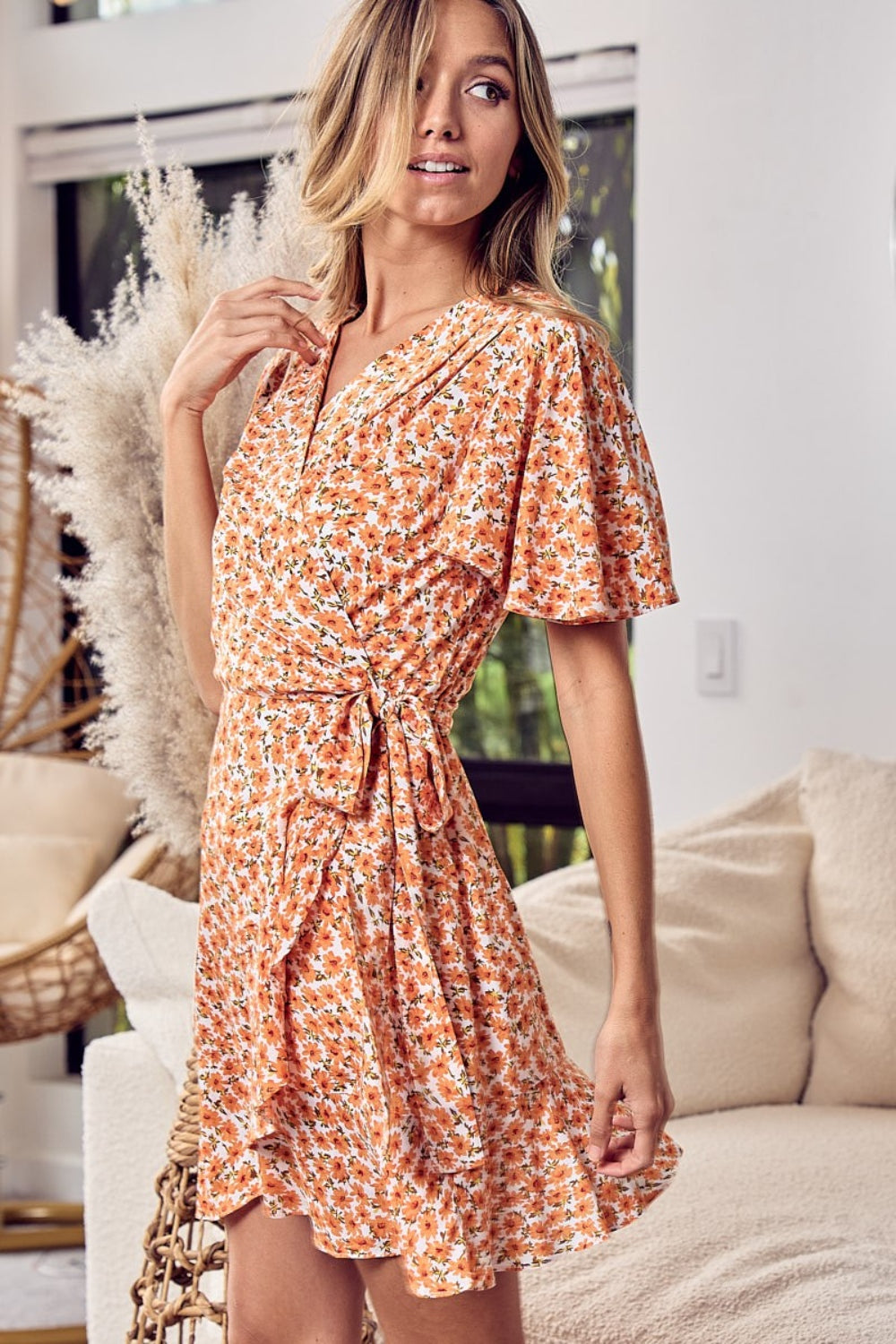 BiBi Floral Tied Tangerine Short Sleeve Mini Wrap Dress