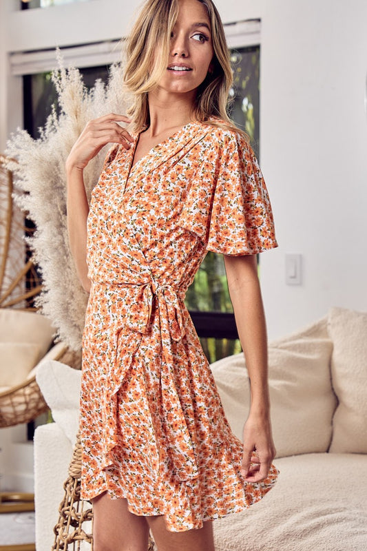 BiBi Floral Tied Tangerine Short Sleeve Mini Wrap Dress