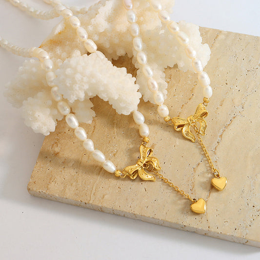 Titanium Steel Freshwater Pearl Heart Gold Necklace