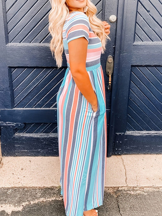 Full Size Striped Round Neck Short Sleeve Maxi Dress