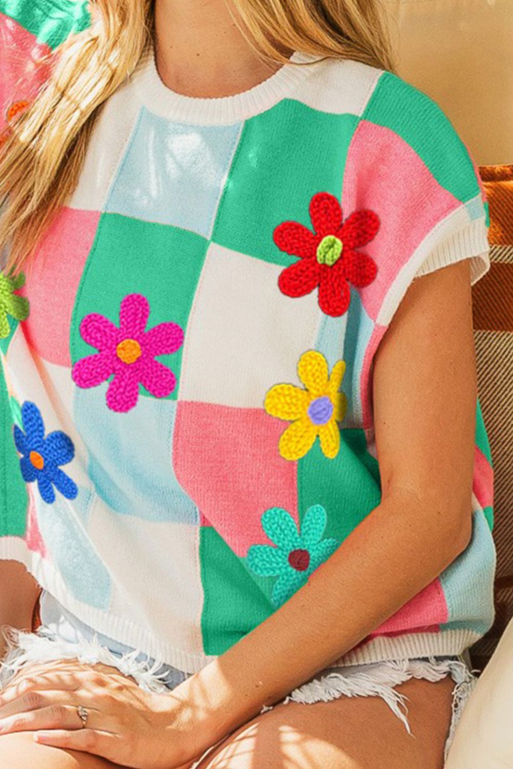 BiBi Flower Patch Checkered Sweater Vest - Brand BiBi