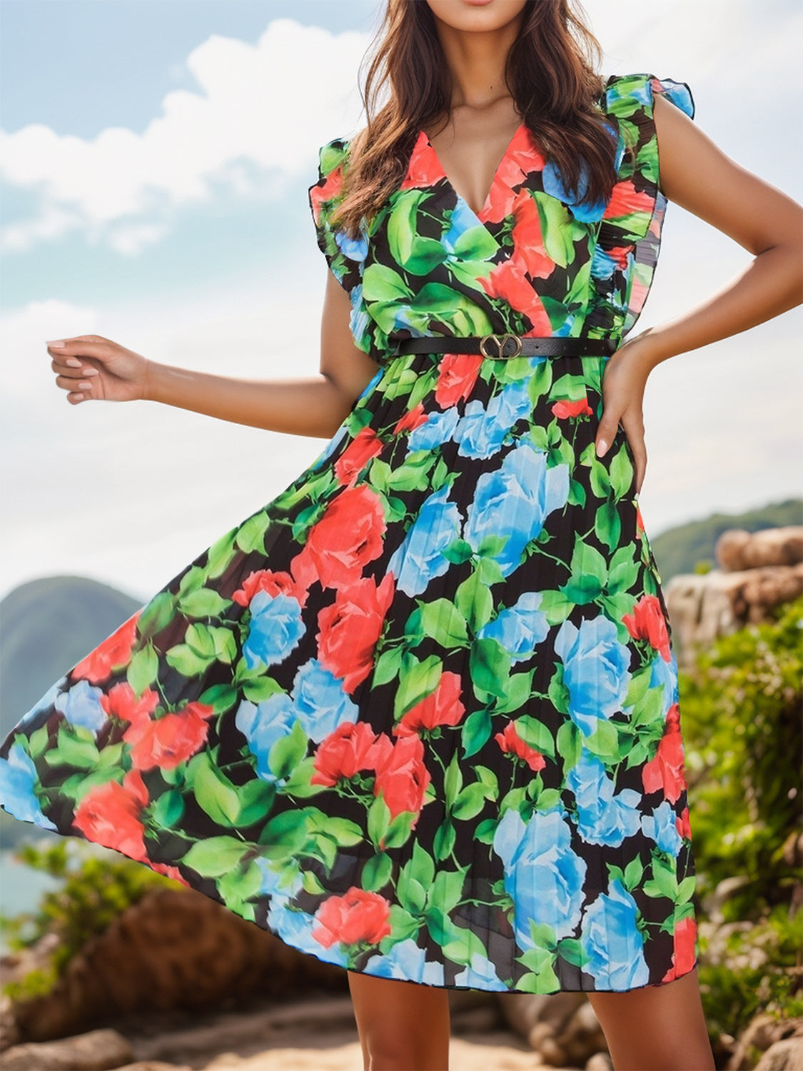 FULL SIZE Ruffled Printed Surplice Cap Sleeve Dress