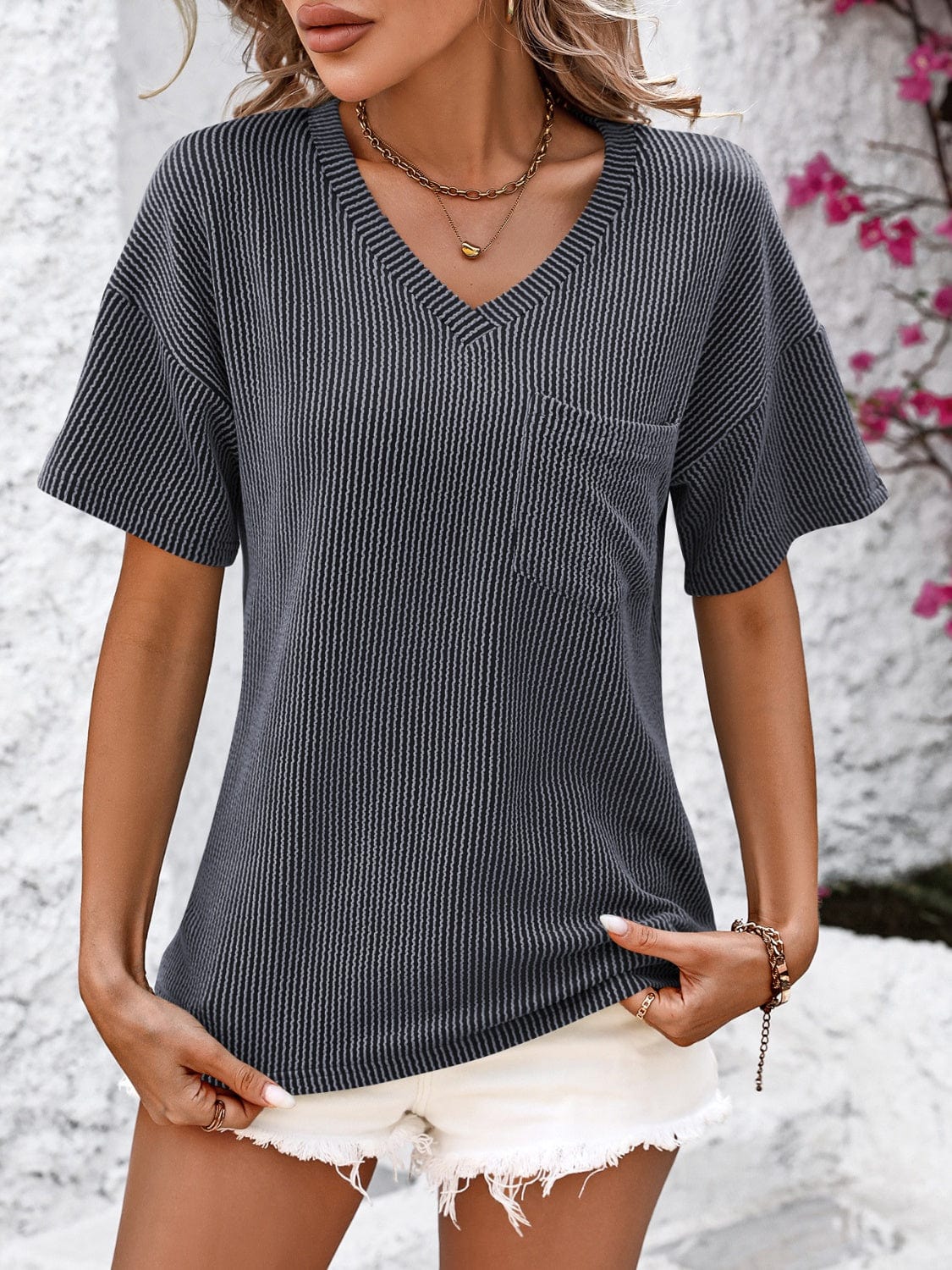 Full Size V-Neck Dropped Shoulder T-Shirt