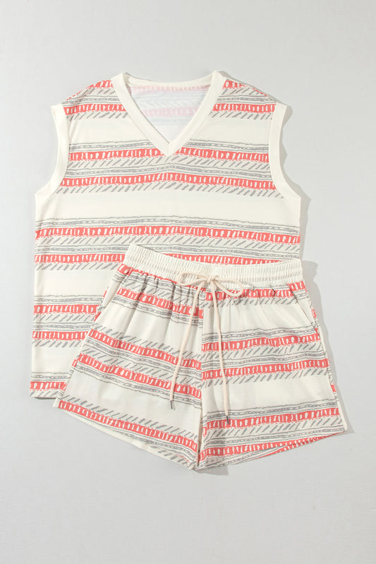 Ivory V-Neck Sleeveless Top and Drawstring Shorts Set