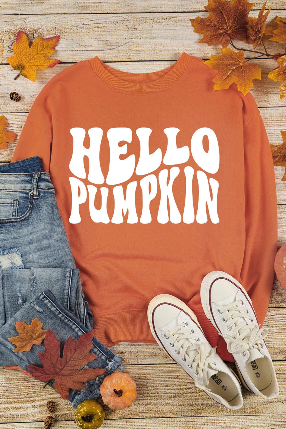 Hello Pumpkin Letter Graphic Round Neck Long Sleeve Sweatshirt