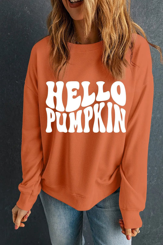 Hello Pumpkin Letter Graphic Round Neck Long Sleeve Sweatshirt