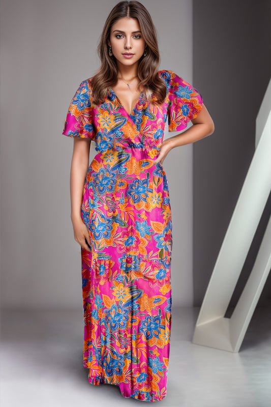 Sarah Opaque Printed Surplice Short Sleeve Maxi Dress