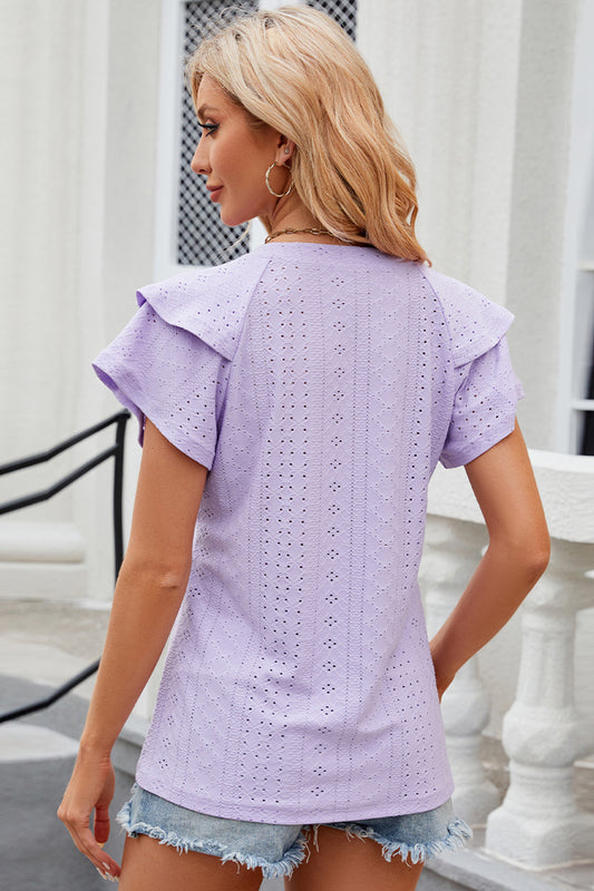 Full Size Eyelet Notched Flutter Sleeve T-Shirt