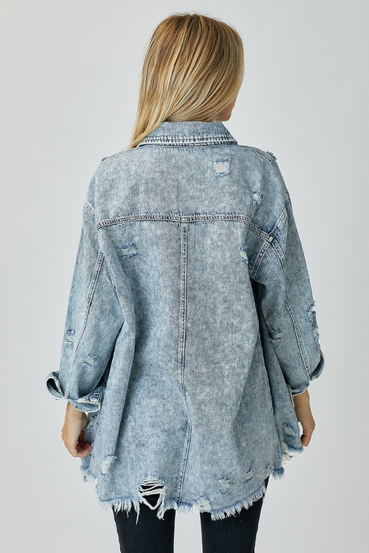 RISEN Distressed Raw Hem Denim Long Sleeve Shirt