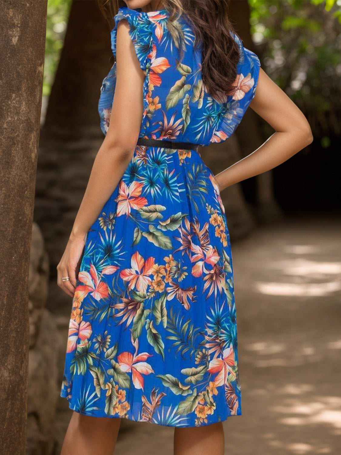 FULL SIZE Ruffled Printed Surplice Cap Sleeve Dress