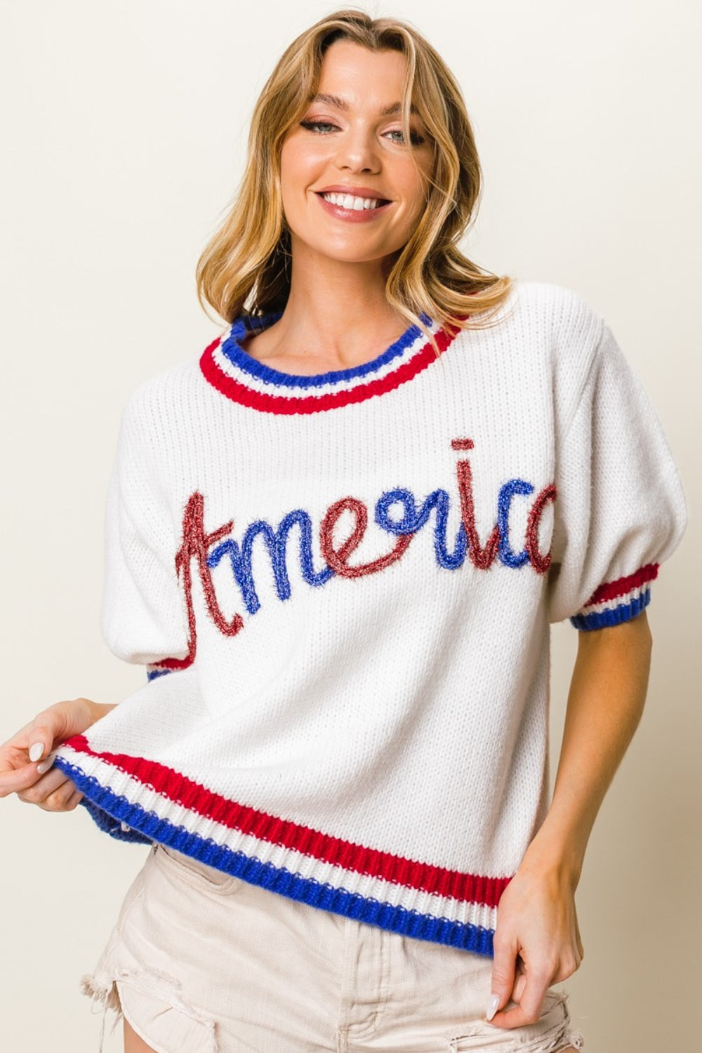 BiBi Metallic America Letter Short Sleeve Sweater - Brand BiBi