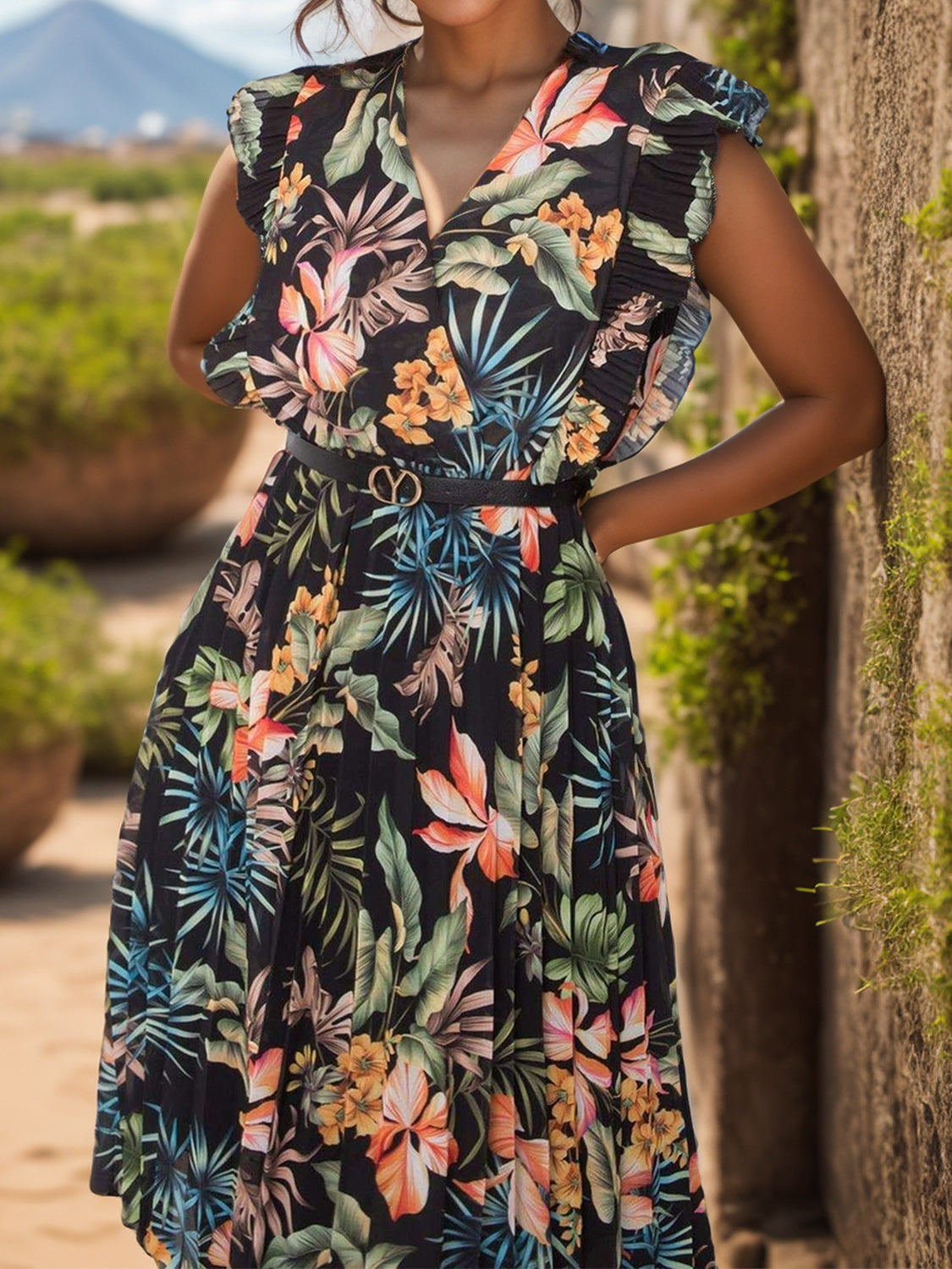 FULL SIZE Ruffled Printed Surplice Cap Sleeve Dress