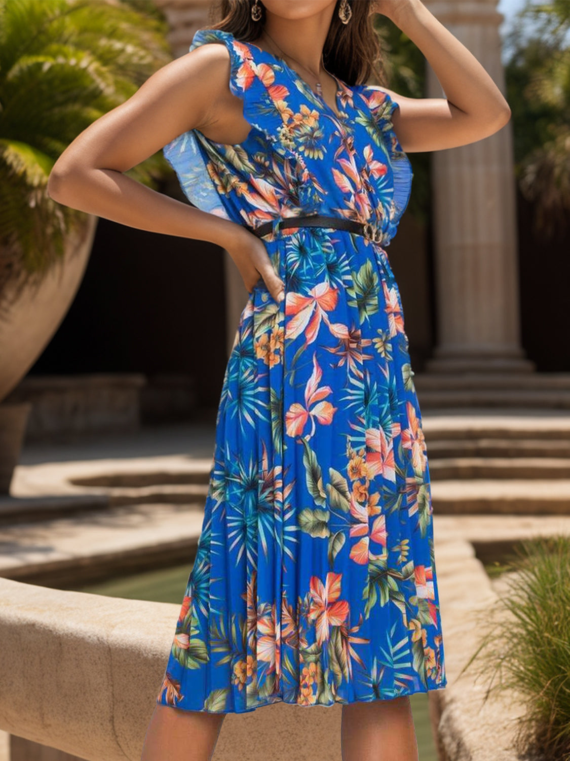 FULL SIZE Ruffled Printed Surplice Cap Sleeve Dress