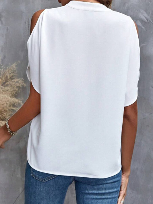 Full Size Notched Cold Shoulder Half Sleeve Blouse