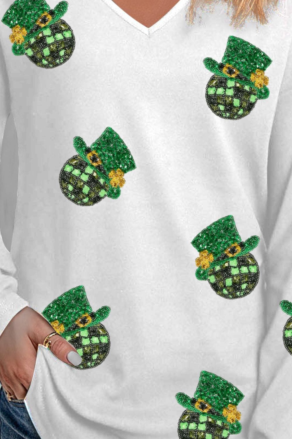 Full Size Sequin V-Neck Long Sleeve T-Shirt
