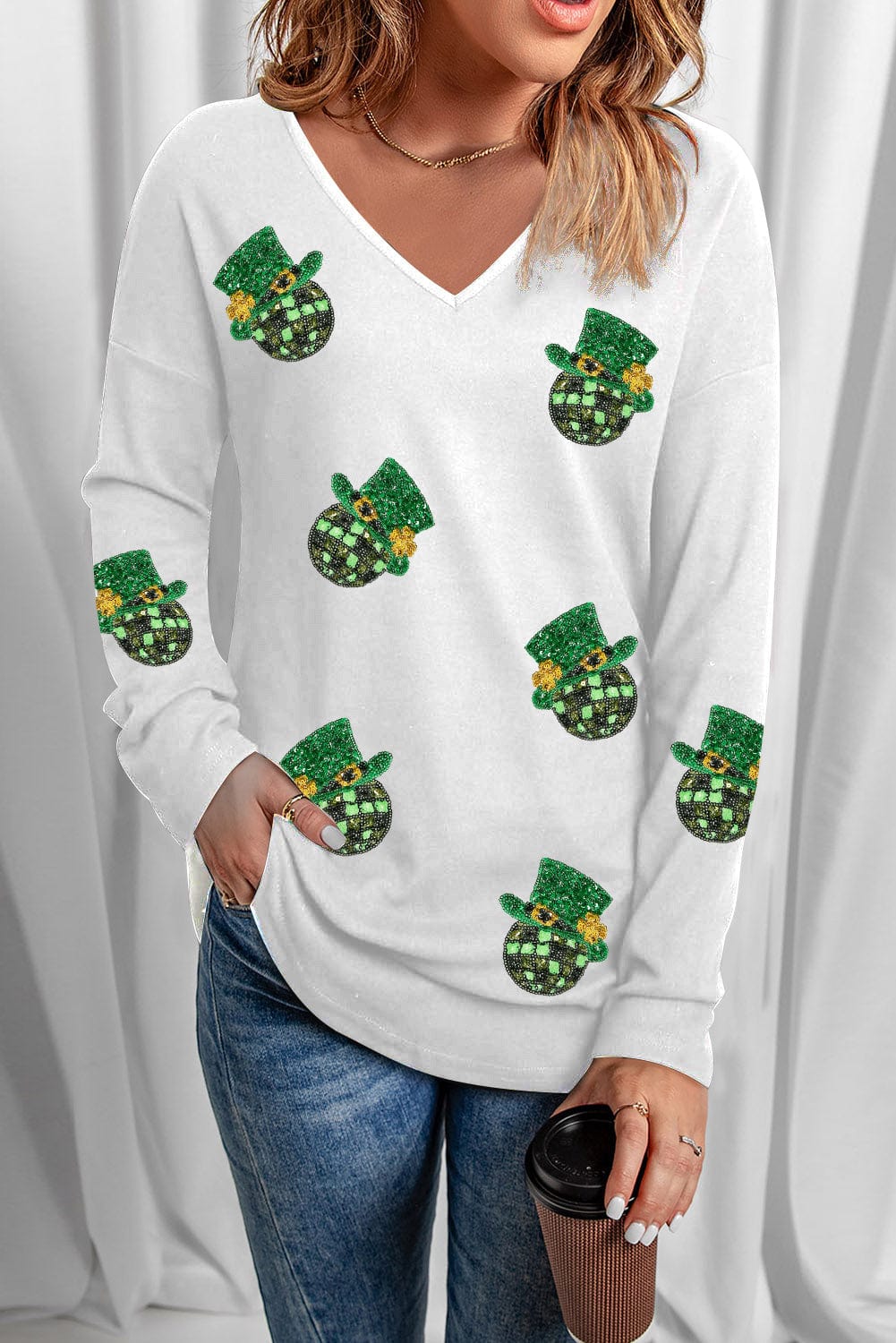 Full Size Sequin V-Neck Long Sleeve T-Shirt