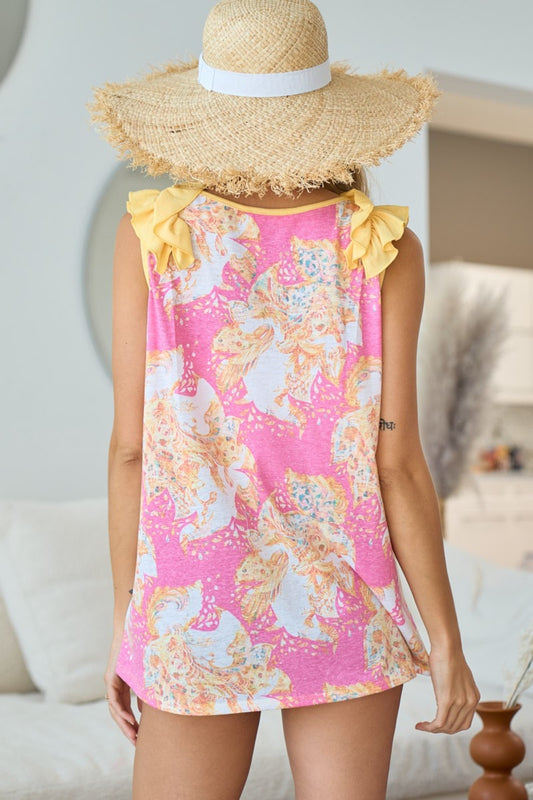 BiBi Printed V Neck Ruffled Tank - Brand BiBi