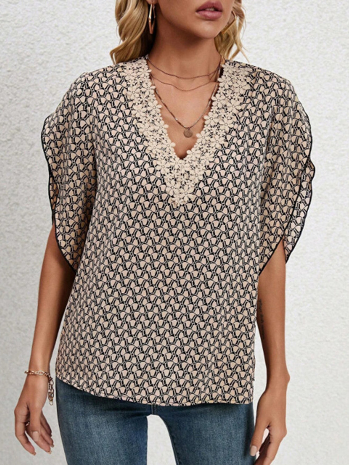 Full Size Lace Detail Printed V-Neck Half Sleeve Khaki Blouse