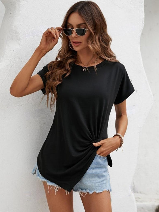 Full Size Asymmetric Hem Round Neck T-Shirt