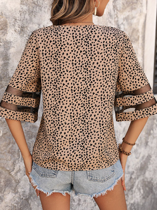 Printed Khaki V-Neck Half Sleeve Blouse