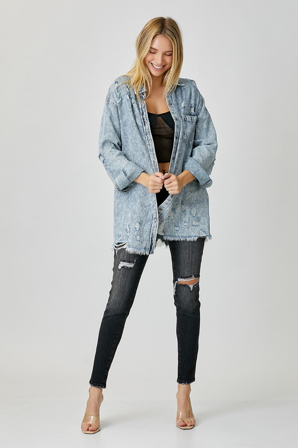 RISEN Distressed Raw Hem Denim Long Sleeve Shirt