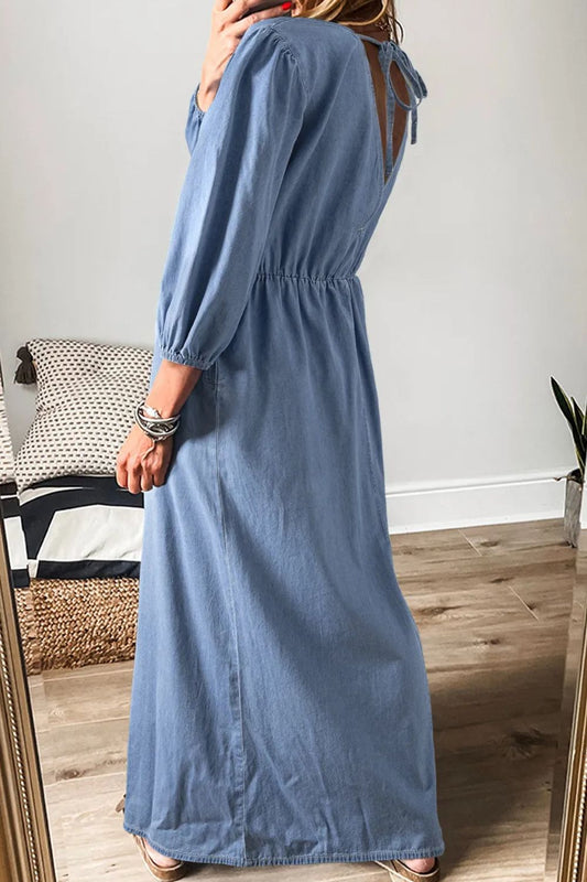 Tied Plunge Three-Quarter Sleeve Denim Dress *