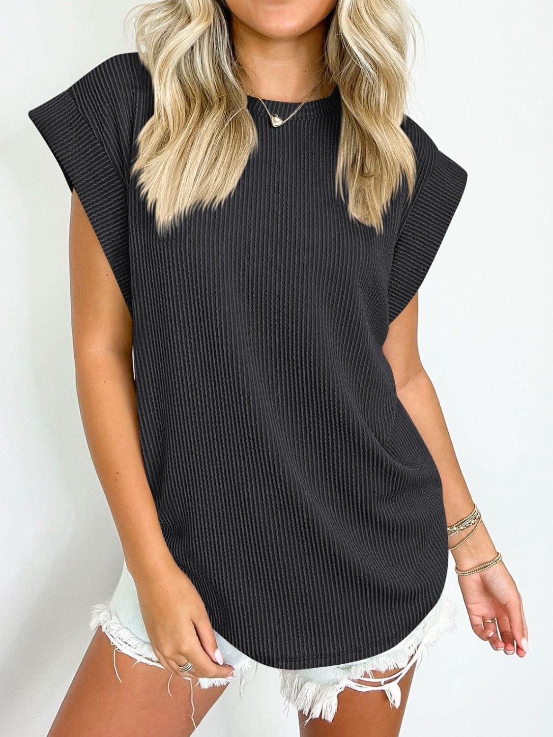 Full Size Textured Round Neck Cap Sleeve Blouse