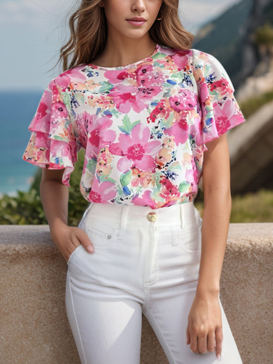 Full Size Floral Round Neck Flutter Sleeve Blouse