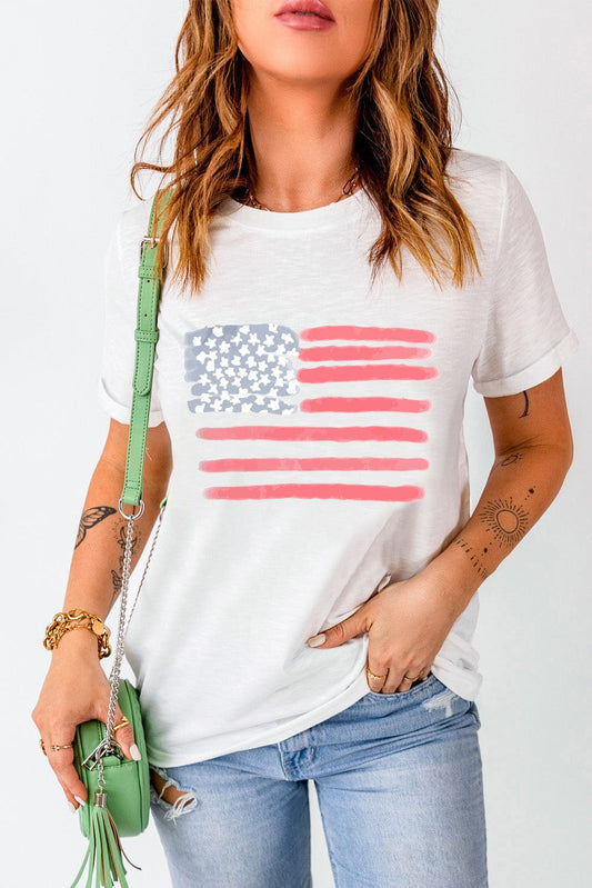 Full Size US Flag Round Neck Short Sleeve T-Shirt