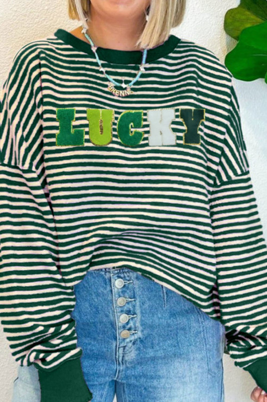 LUCKY Striped Dark Green Round Neck Long Sleeve Sweatshirt