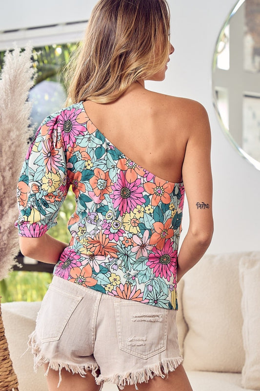 BiBi Floral Puff Sleeve One Shoulder Top - Brand BiBi