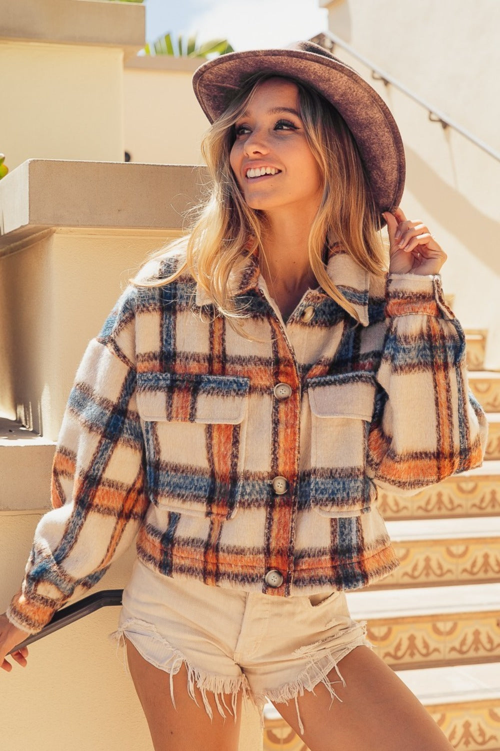 BiBi Brushed Plaid Crop Jacket with Pockets - Brand BiBi