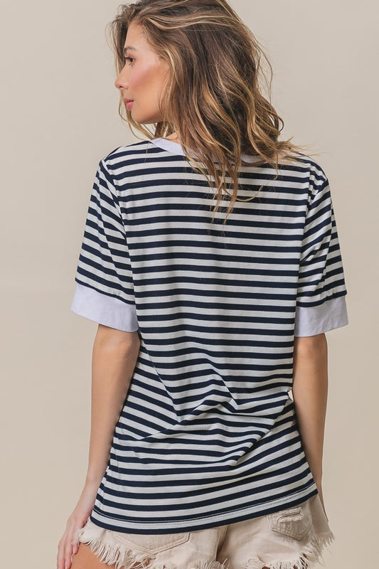 BiBi Contrast Striped Notched Knit Top - Brand BiBi