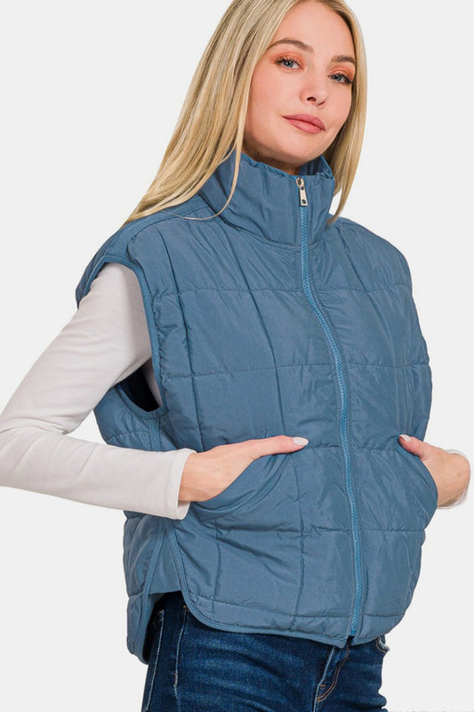 Zenana Zip Up Cropped Puffer Vest with Pockets- Brand Zenana