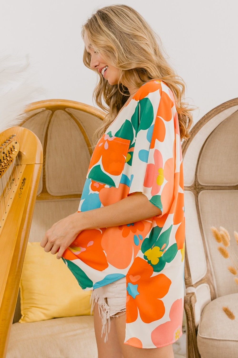 BiBi Floral V Neck Slit Side T-Shirt - Brand BiBi