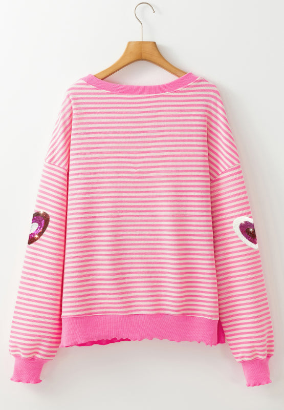 Valentine’s Day Pink Sequin Heart Striped Round Neck Long Sleeve Sweatshirt