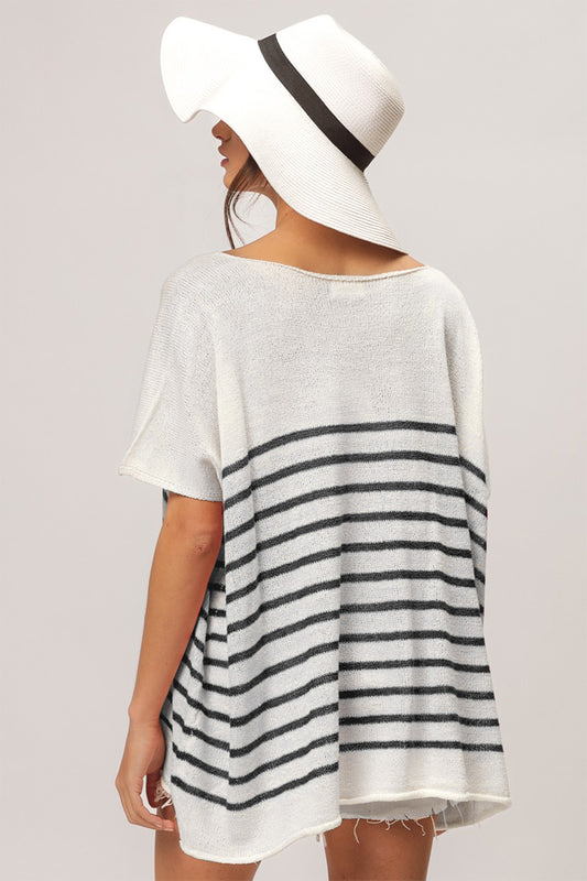 BiBi V Neck Striped Short Sleeve Top - Brand BiBi