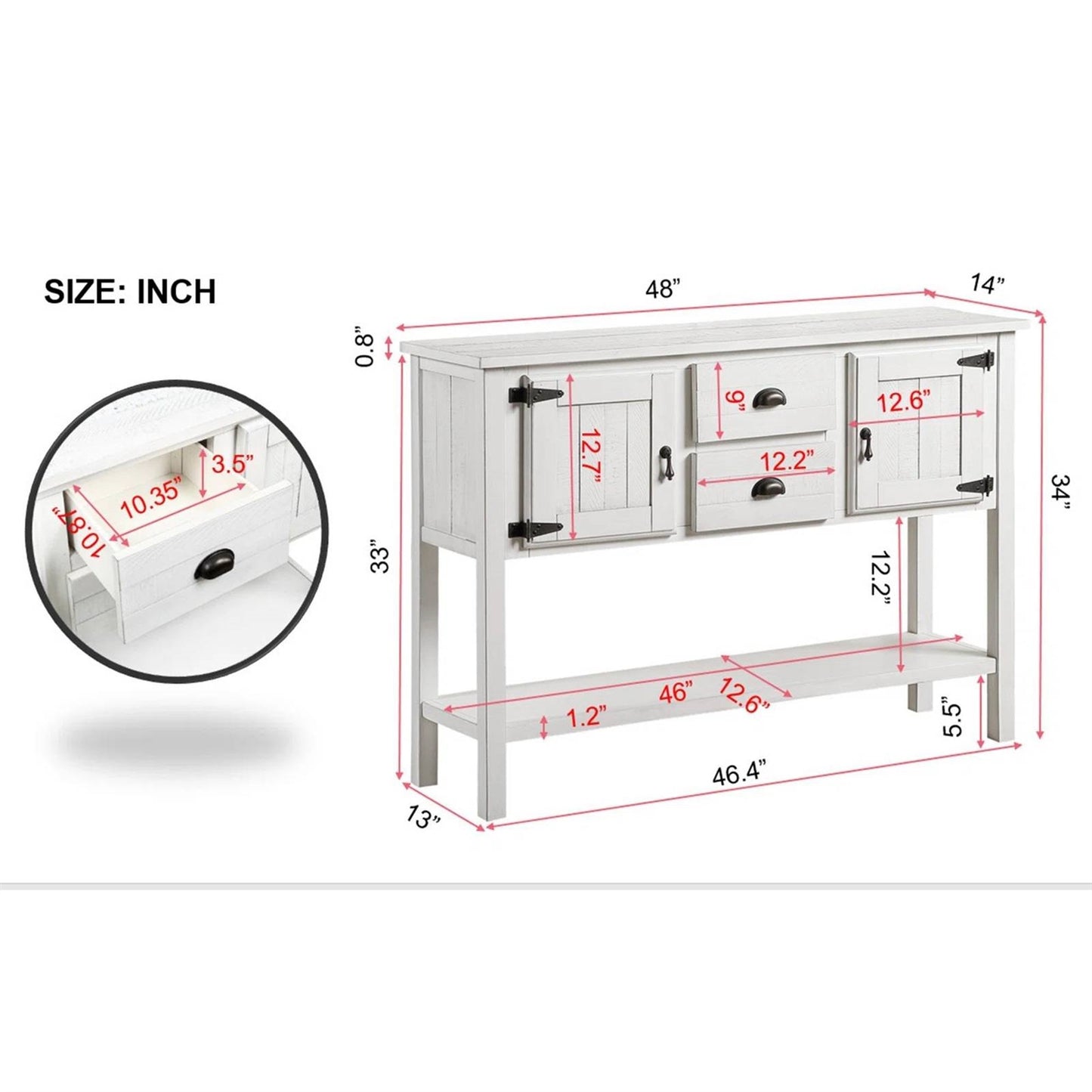 Farmhouse Solid Wood Sofa Table with Storage Drawers in Rustic White Finish