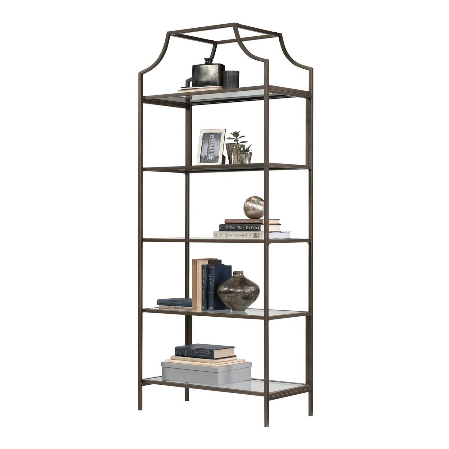 Elegant Bronze Metal Display Rack Etagere Bookcase with 5 Glass Storage Shelves