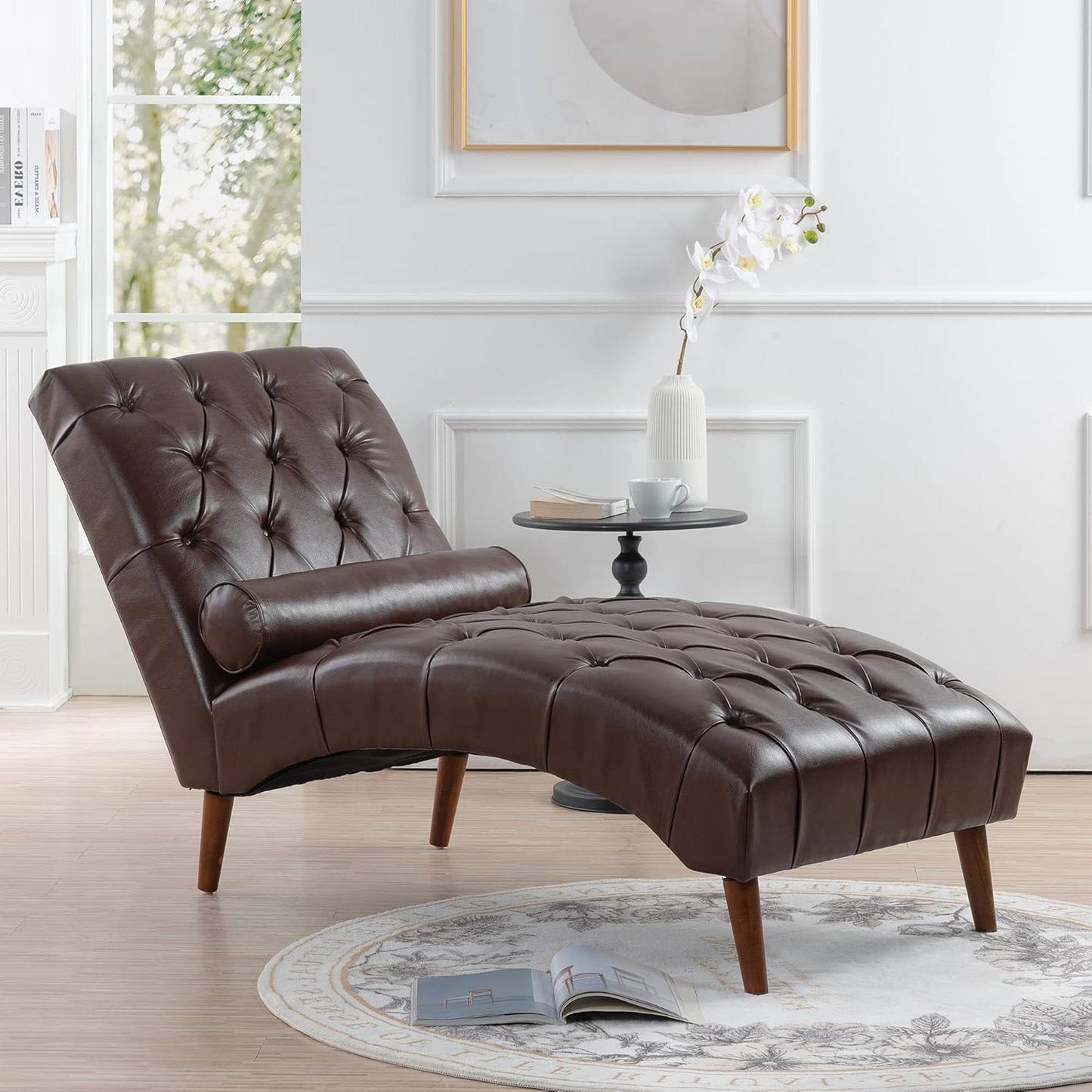 Faux Leather Upholstered Armless Chaise Lounge Chair with Lumbar Pillow in Brown or Black
