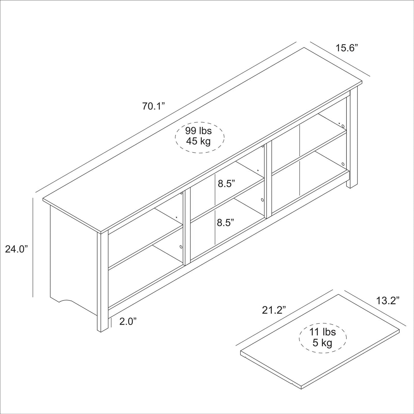 Farmhouse TV Stand in Grey Oak with Brown Wood Finish Top for TVs up to 70-inch